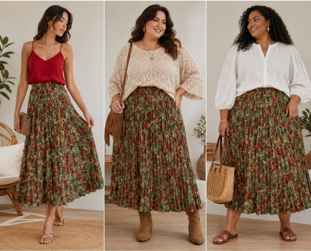 Flowy Organic Cotton Crinkle Midi Skirt One Size S-XXL Artisan Bohemian abstract